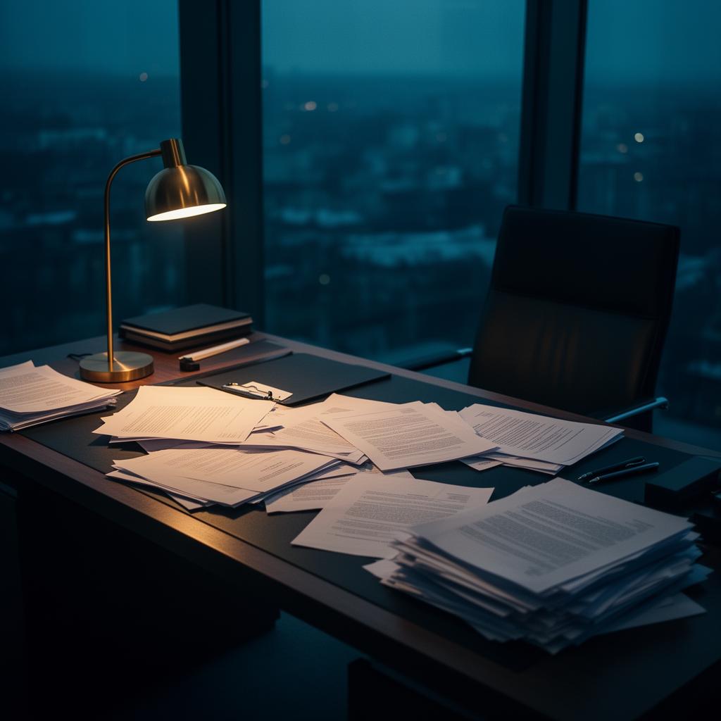 Mesa de empresário sobrecarregado em escritório ao entardecer